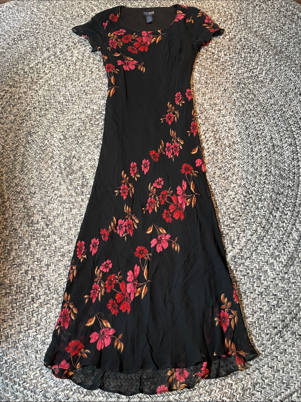 Eva Blue Black Maxi Dress with Red Floral Print